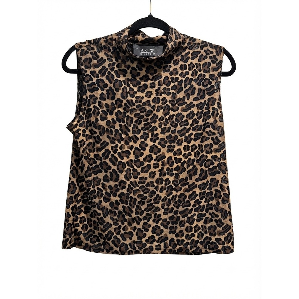 ACW Design Women Leopard Print Mock Neck Sleeveless Blouse Brown Medium USA Made